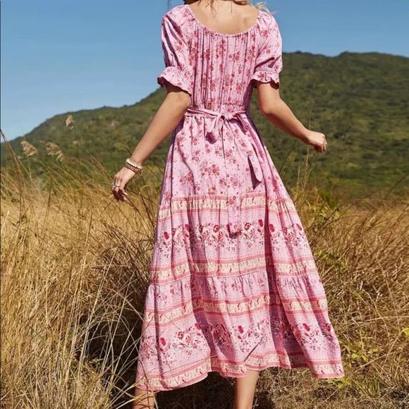 Boho gypsy long maxi dress pink paisley floral - Picture 3 of 13